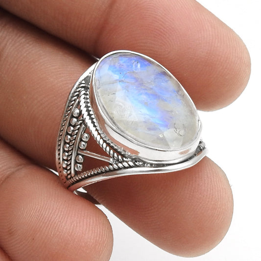 Fire Rainbow Moonstone 925 Sterling Silver Handmade Ring Size 9