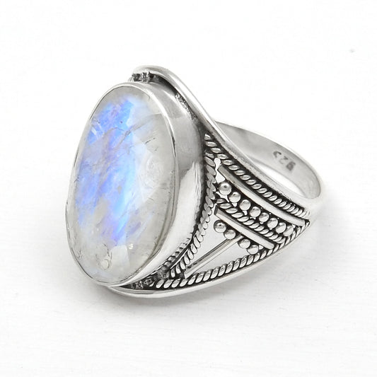 Fire Rainbow Moonstone 925 Sterling Silver Handmade Ring Size 9