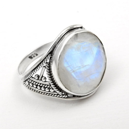 Natural Rainbow Moonstone Solid 925 Silver Trendy Ring Size 9