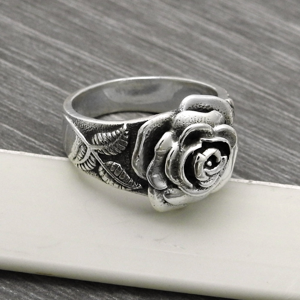 Rose Ring Oxidized 925 Sterling Solid Silver Chunky Flower Ring