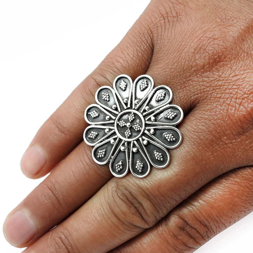 925 Sterling Oxidized Silver Handcrafted Flower Ring Women Gift