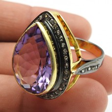 Gold Plated 925 Sterling Silver Diamond Amethyst Gemstone Ring Antique Jewelry