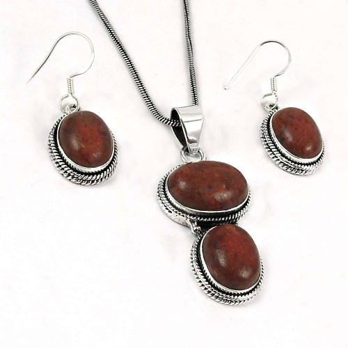 Charming 925 Sterling Silver Sponge Coral Pendant and Earrings Set
