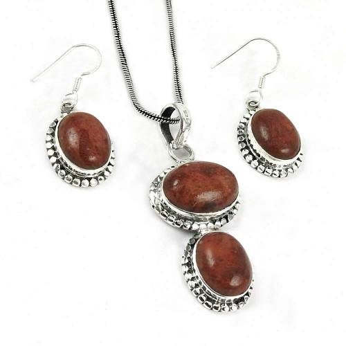 Fashion 925 Sterling Silver Sponge Coral Pendant and Earrings Set