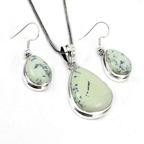 Handy 925 Sterling Silver Dendritic Agate Gemstone Pendant and Earrings Set