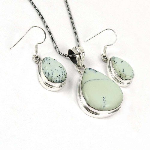Sightly 925 Sterling Silver Dendritic Agate Gemstone Pendant and Earrings Set