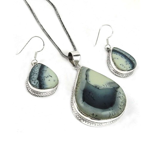Perfect 925 Sterling Silver Dendritic Agate Gemstone Pendant and Earrings Set