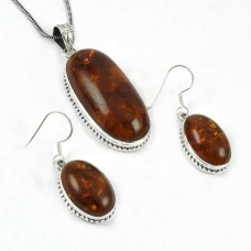 Seemly 925 Sterling Silver Manmade Amber Gemstone Pendant and Earrings Set