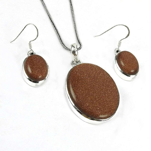 Well-Favoured 925 Sterling Silver Brown Sunstone Gemstone Pendant and Earrings Set