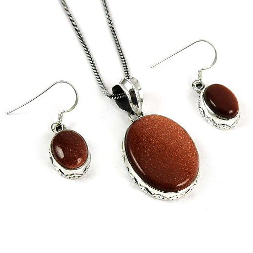 Amusable 925 Sterling Silver Brown Sunstone Gemstone Pendant and Earrings Set