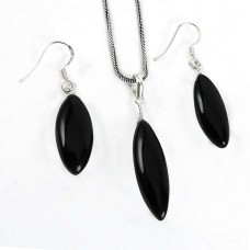 Dainty 925 Sterling Silver Black Onyx Gemstone Pendant and Earrings Set