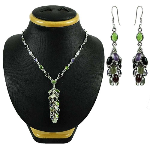 Engaging 925 Sterling Silver Multi Color Gemstones Necklace and Earrings Set