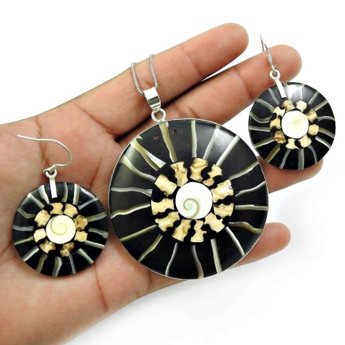 Shell Earring Pendant Set 925 Sterling Silver Ethnic Jewelry C1