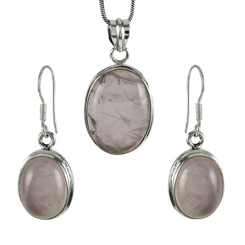 Designer 925 Sterling Silver Rose Quartz Gemstone Pendant and Earrings Set
