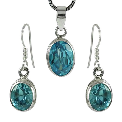 Possessing Good Fortune 925 Sterling Silver Blue Topaz Gemstone Pendant and Earrings Set