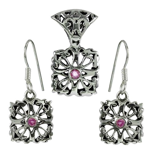 Sightly 925 Sterling Silver Pink CZ Gemstone Pendant and Earrings Set