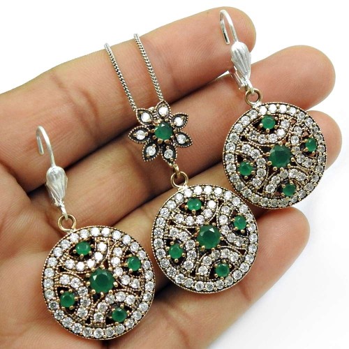 Emerald CZ Gemstone Earring Pendant Set 925 Sterling Silver Handmade Indian Jewelry J1