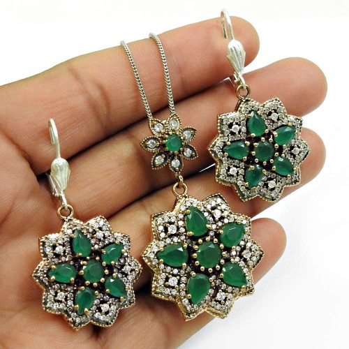Emerald CZ Gemstone Earring Pendant Set 925 Sterling Silver Vintage Jewelry K1