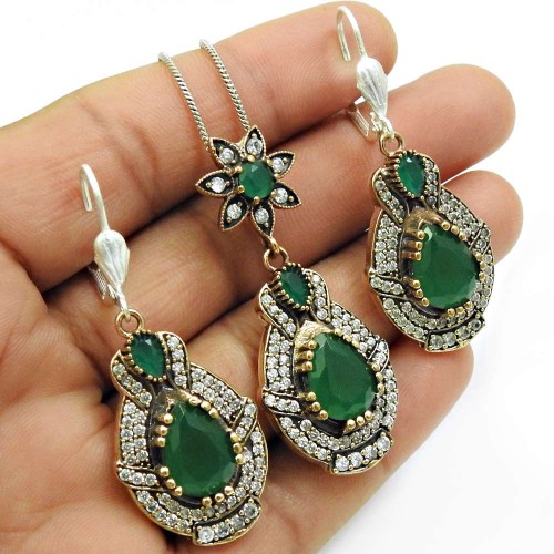 Emerald CZ Gemstone Earring Pendant Set 925 Sterling Silver Traditional Jewelry L1