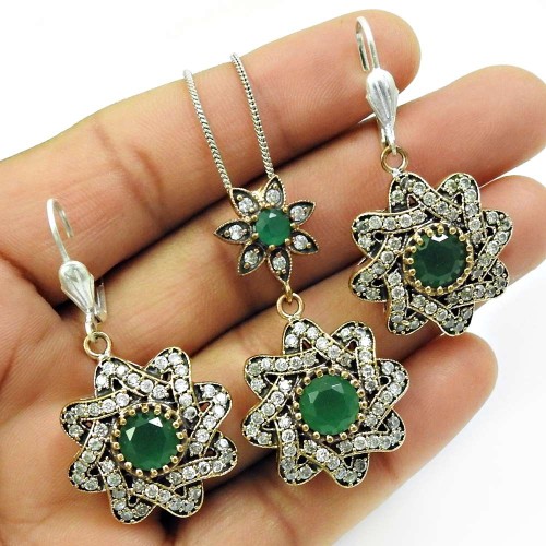 Emerald CZ Gemstone Earring Pendant Set 925 Sterling Silver Ethnic Jewelry M1