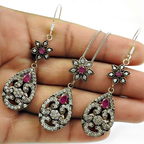 Turkish Jewelry Ruby CZ Earrings Pendant 925 Sterling Silver Wedding Gift