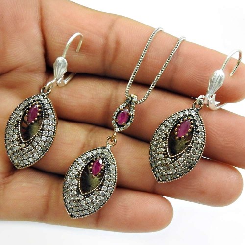 Ruby CZ Gemstone Earring Pendant Set 925 Sterling Silver Stylish Jewelry O1