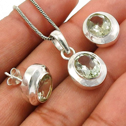 Green Amethyst Gemstone Earring Pendant Set 925 Sterling Silver Indian Jewelry R1