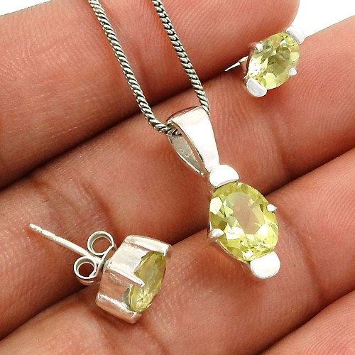 Lemon Topaz Gemstone Earring Pendant Set 925 Sterling Silver Traditional Jewelry J3