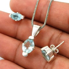 Blue Topaz Gemstone Earring Pendant Set 925 Sterling Silver Traditional Jewelry Z2