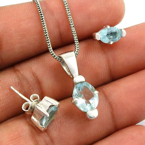 Blue Topaz Gemstone Earring Pendant Set 925 Sterling Silver Ethnic Jewelry A3