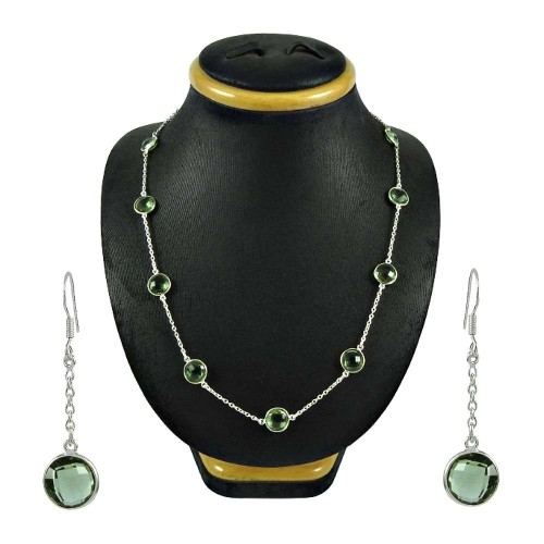 Lovely Green Amethyst Gemstone Sterling Silver Necklace and Earrings Set Indian Sterling Silver Jewellery Set