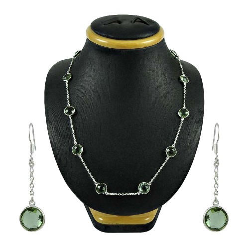Stunning Green Amethyst Gemstone Sterling Silver Necklace and Earrings Set 925 Silver Jewellery Set