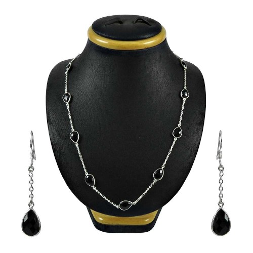 Trendy Black Onyx Gemstone Sterling Silver Necklace and Earrings Set 925 Sterling Silver Gemstone Jewellery Set