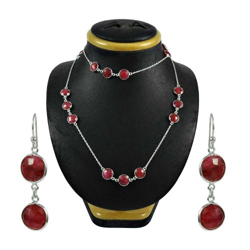 Scrumptious Ruby Gemstone Sterling Silver Necklace and Earrings Set 925 Sterling Silver Jewellery Set