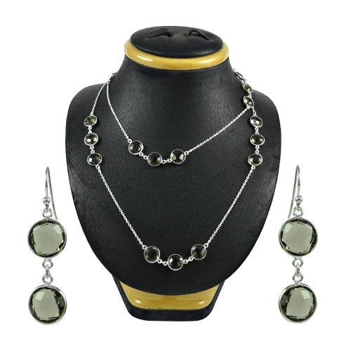 Lustrous Smoky Quartz Gemstone Sterling Silver Necklace and Earrings Set 925 Sterling Silver Fashion Jewellery Set