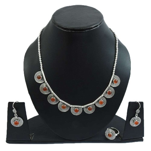 Carnelian Gemstone Earring Necklace Ring Set 925 Sterling Silver Indian Handmade Jewelry K4
