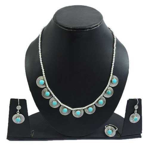 Turquoise Gemstone Earring Necklace Ring Set 925 Sterling Silver Handmade Indian Jewelry L4