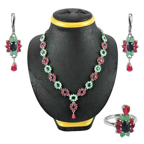 925 Sterling Silver Vintage Jewellery Beautiful Ruby, Emerald, Iolite Gemstone Earrings, Ring and Necklace Set Exporter India