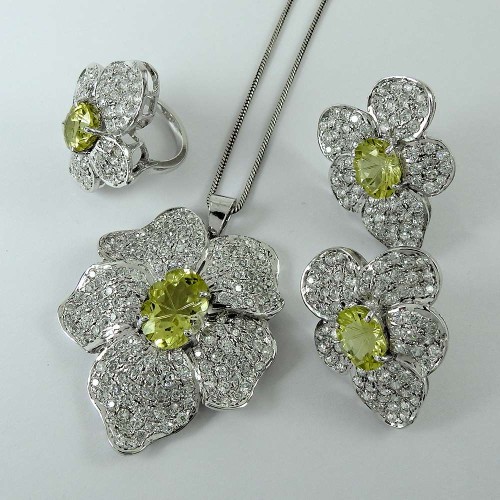 Special Moment 925 Sterling Silver Lemon Topaz CZ Gemstone Earring Pendant and Ring Set