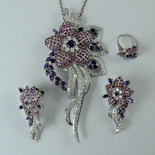 925 Sterling Silver Amethyst Ruby CZ Gemstone Flower Earring Pendant and Ring Set