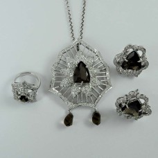 Bold Vintage Energetic 925 Sterling Silver Smoky Quartz CZ Gemstone Earring Pendant and Ring Set