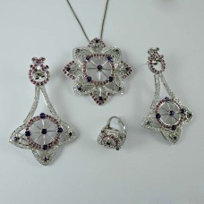 Vintage Fashion 925 Sterling Silver Amethyst Ruby CZ Gemstone Earring Pendant and Ring Set