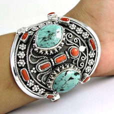 Summer Stock!! 925 Sterling Silver Coral, Turquoise Bangle