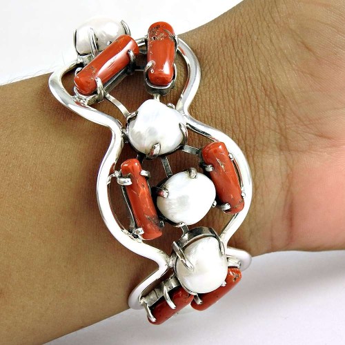 Lustrous Coral, Pearl Gemstone Sterling Silver Bangle 925 Sterling Silver Fashion Jewellery