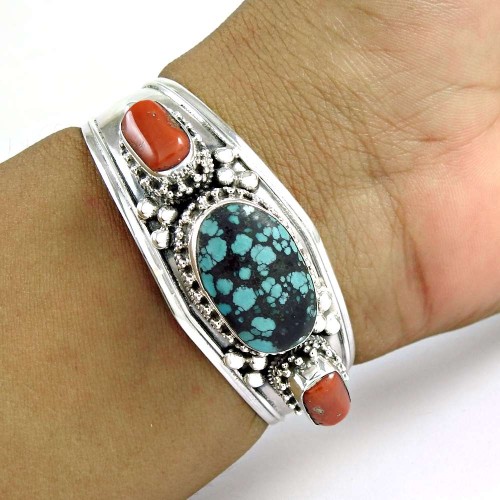925 Sterling Silver Jewellery Rare Coral, Turquoise Gemstone Bangle Supplier India