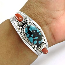 925 Sterling Silver Fashion Jewellery Trendy Coral, Turquoise Gemstone Bangle