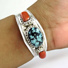 925 Sterling Silver Gemstone Jewellery Charming Coral, Turquoise Gemstone Bangle