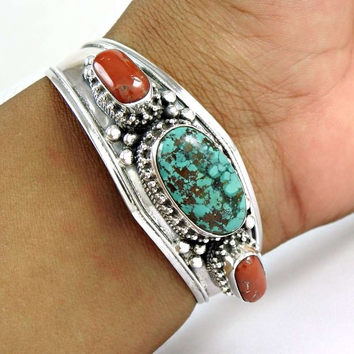 925 Sterling Silver Vintage Jewellery Fashion Coral, Turquoise Gemstone Bangle