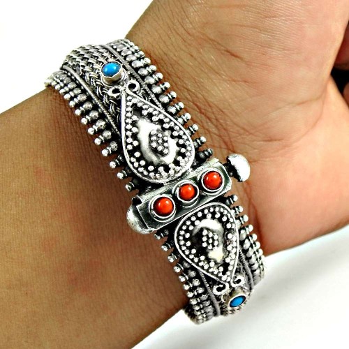 Beautiful Coral, Turquoise Gemstone 925 Sterling Silver Ethnic Bangle Jewellery