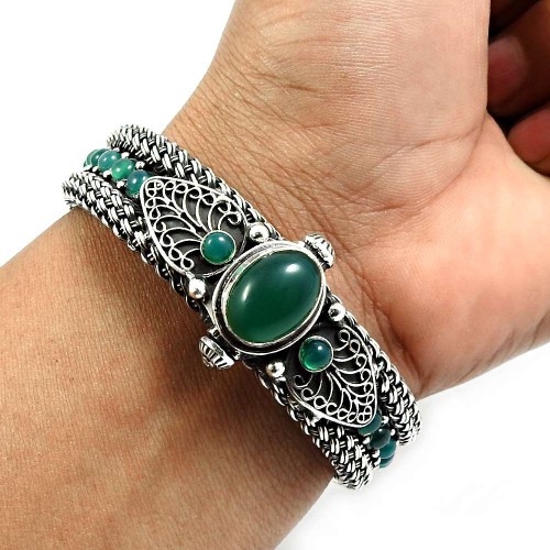 Green Onyx Gemstone Artisan Bangle 925 Sterling Silver Handmade Indian Jewelry V4
